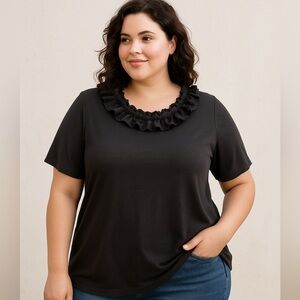 Tahari Plus Size Short Sleeve Black Ruffled Neckline Blouse Sz 3X